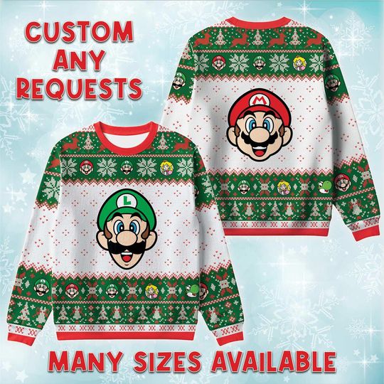 Mario And Luigi Heads Ugly Christmas Sweater, Nintendo Bros Holiday Sweatshirt, Plumber Face Game Xmas Crewneck, Birthday Gift