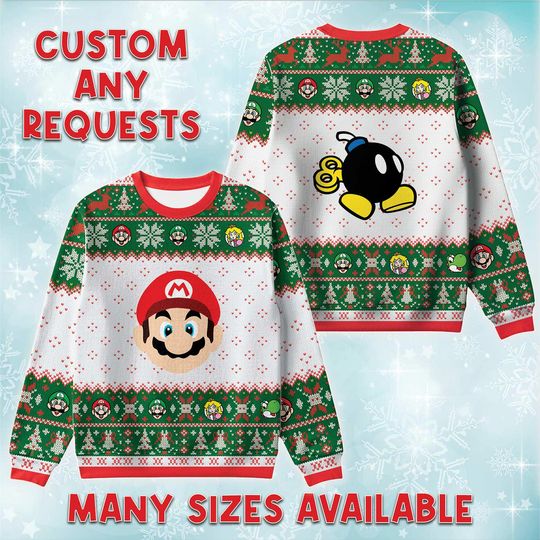 Mario And Bob-Omb Ugly Christmas Sweater, Nintendo Retro Holiday Sweatshirt, Bomb Enemy Game Xmas Crewneck, Birthday Gift