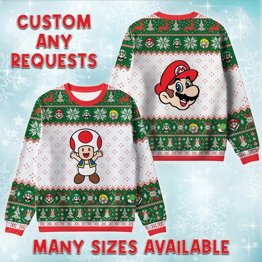 Toad Head Ugly Christmas Sweater, Nintendo Retro Holiday Sweatshirt, Mushroom Face Game Xmas Crewneck, Matching Family Vacation Sweatshirt