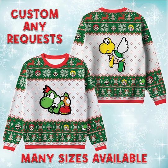 Yoshi Koopa Paratroopa Ugly Christmas Sweater, Nintendo Retro Holiday Sweatshirt, Dino Turtle Game Xmas Crewneck, M Brothers Trip Gift