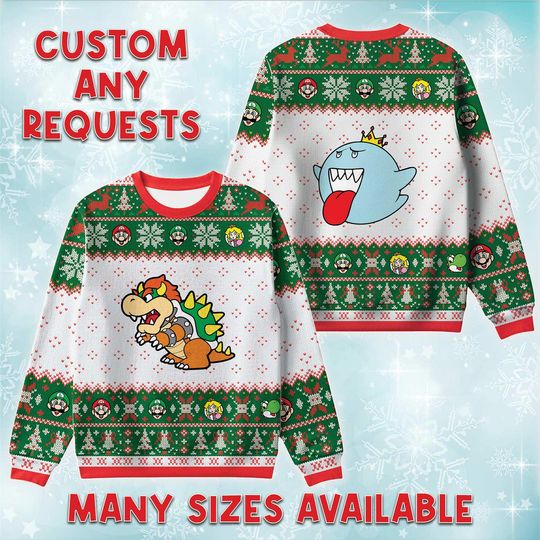 Bowser Boo Ugly Christmas Sweater, Nintendo Villain Holiday Sweatshirt, Koopa King Ghost Xmas Crewneck, Matching Family Vacation Sweatshirt