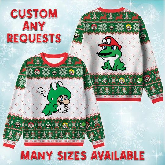 Discover Frog Mario Power Up Ugly Christmas Sweater, Nintendo Retro Holiday Sweatshirt, Frog Suit Game Xmas Crewneck, Mario Brothers Trip Sweater