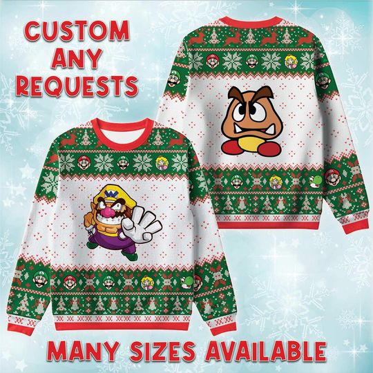 Wario Goomba Ugly Christmas Sweater, Nintendo Villain Holiday Sweatshirt, Evil Plumber Game Crewneck, Matching Family Vacation Sweatshirt