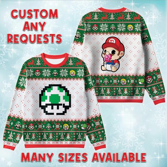 Discover Baby Mario 1Up Mushroom Ugly Christmas Sweatshirt, Nintendo Mario Bros Holiday Gift, Game Item Xmas Creneck, Christmas Mario Costume Sweater