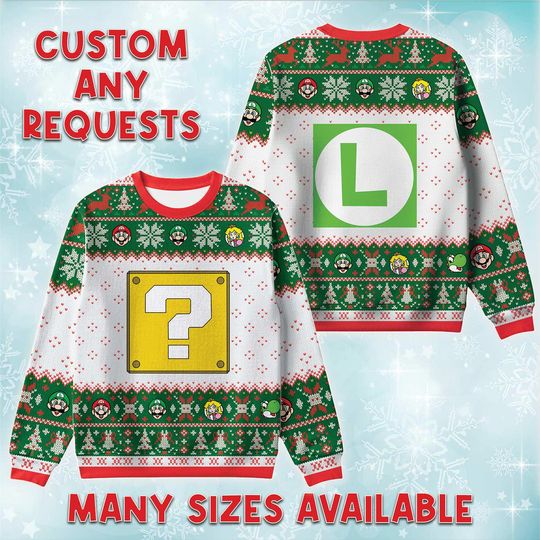 Question Block Luigi Ugly Christmas Sweater, Nintendo Retro Holiday Sweatshirt, Item Box Game Xmas Crewneck, Christmas Costume Sweater