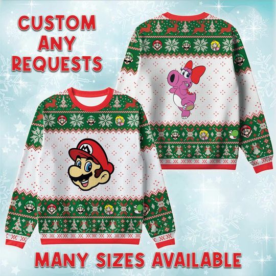 Discover Mario And Birdo Ugly Christmas Sweater, Nintendo Retro Holiday Sweatshirt, Plumber And Dino Xmas Jumper, Christmas Costume Sweater