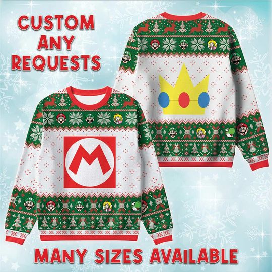 Discover Red M Logo Crown Ugly Christmas Sweater, Game Holiday Sweatshirt, Super Bros Icon Xmas Crewneck, Matching Family Vacation Sweatshirt