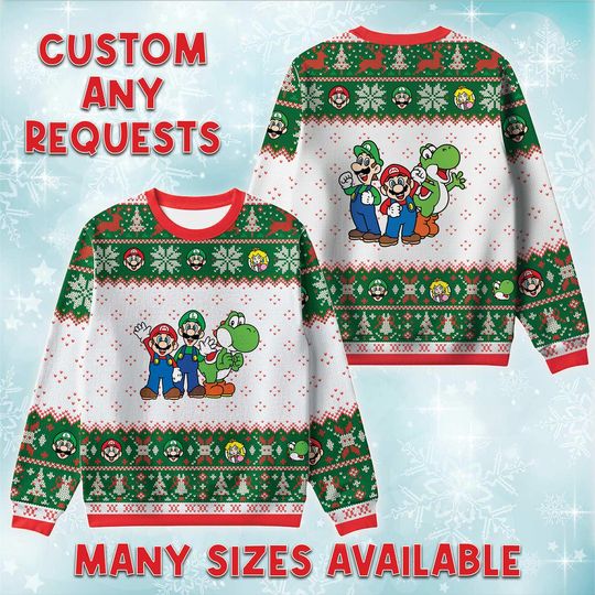 M Luigi Yoshi Together Ugly Christmas Sweater, Nintendo Bros Holiday Sweatshirt, Trio Game Xmas Crewneck, Birthday Gift