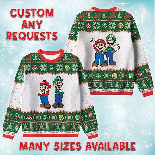 Mario And Luigi Posing Ugly Christmas Sweater, Nintendo Bros Holiday Sweatshirt, Plumber Duo Xmas Crewneck, Adult Youth Matching Outfit