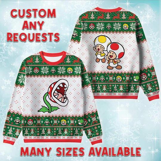 Piranha Plant And Toad Ugly Christmas Sweater, Nintendo Monster Holiday Sweatshirt, Cute Toad Xmas Crewneck, Birthday Gift