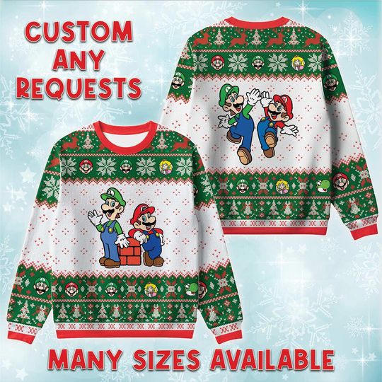 Mario And Luigi Sitting Ugly Christmas Sweater, Nintendo Bros Holiday Gift, Plumber Duo Xmas Crewneck, Matching Family Vacation Sweatshirt