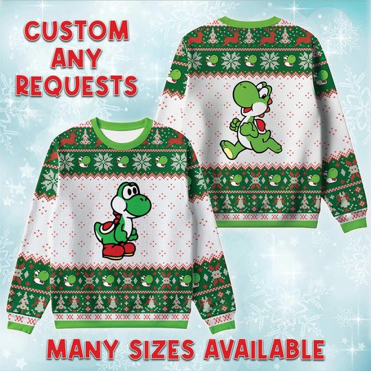 Green Yoshi Ugly Christmas Sweater, Video Game Holiday Sweatshirt, Super Bros Xmas Gift, Nintendo Lover Crewneck, Retro Gaming Gift