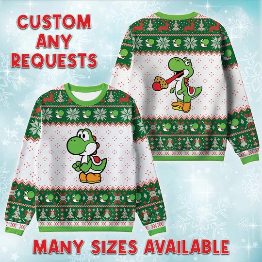 Yoshi Holding Egg Ugly Christmas Sweater, Nintendo Retro Holiday Sweatshirt, Mario Game Xmas Gift, Gamer Fan Crewneck, Green Sidekick Gift