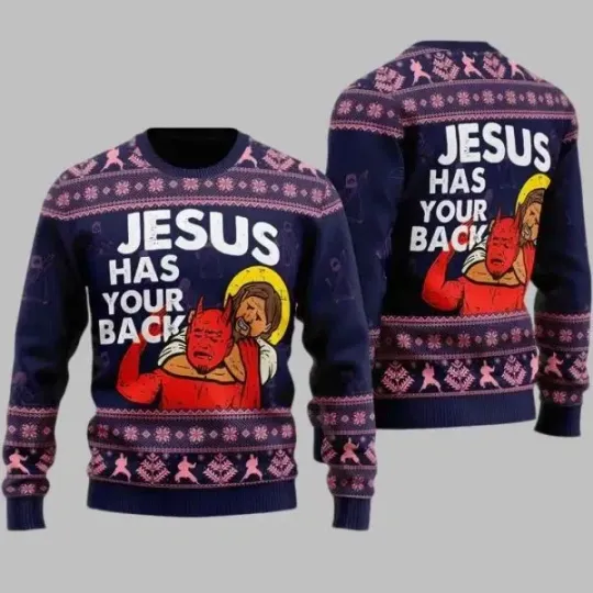 Discover Jesus Has Your Back Ugly Christmas Sweater