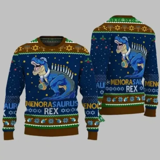 Discover Menora Saurus Rex Ugly Christmas Sweater