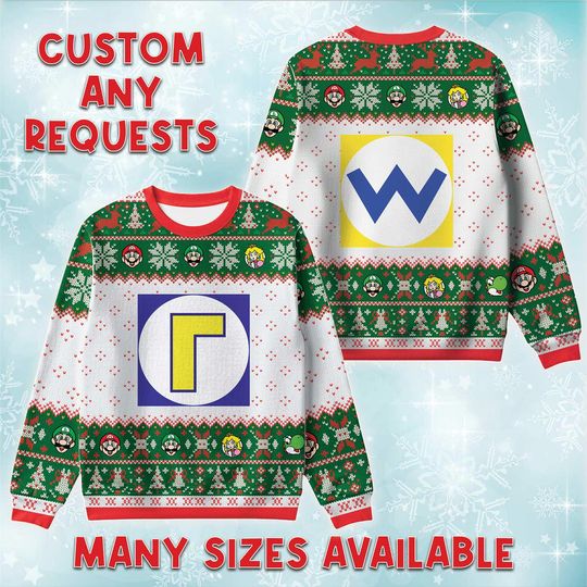 Yellow W Logo Ugly Christmas Sweater, Video Game Holiday Sweatshirt, Wario Waluigi Icon Crewneck, Holiday Gift