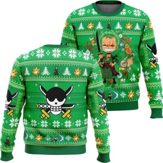 Chibi Roronoa Zoro Green Ugly Christmas Sweate