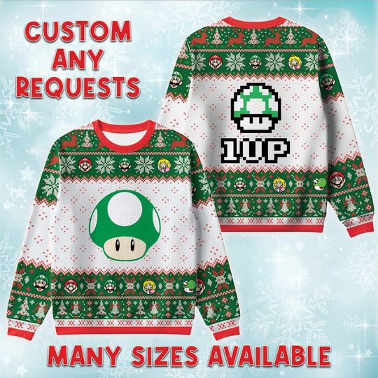 Discover 1Up Mushroom Ugly Christmas Sweater, Retro Gaming Holiday Sweatshirt, Extra Life Game Xmas Crewneck, Nintendo Mario Bros Holiday Gift