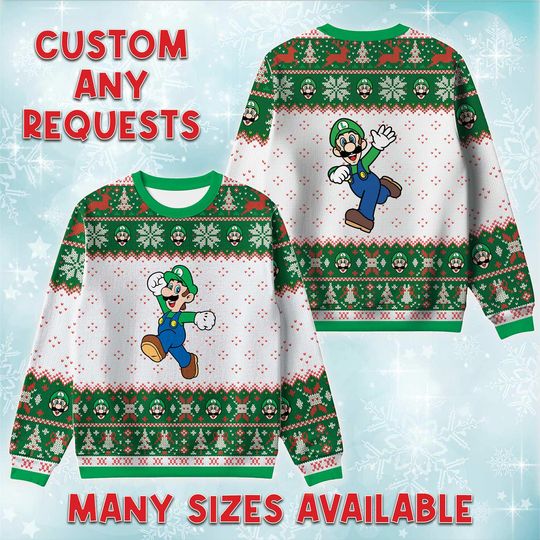 Luigi Jumping Action Ugly Christmas Sweater, Nintendo Retro Holiday Sweatshirt, Plumber Game Xmas Gift, Christmas Birthday Gift