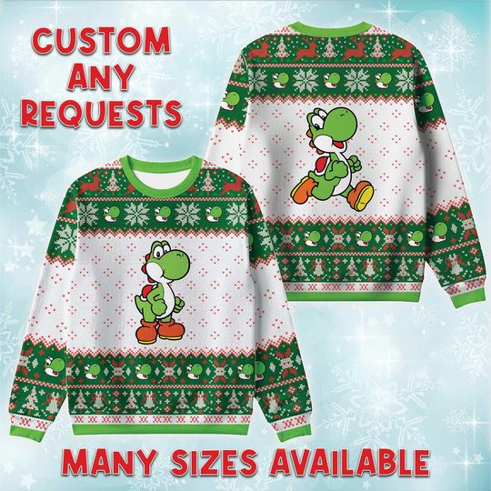 Green Dinosaur Yoshi Ugly Christmas Sweater, Video Game Holiday Sweatshirt, Super Bros Xmas Jumper, Nintendo Lover Crewneck Gift