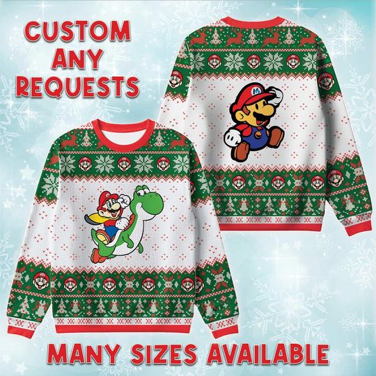 Mario Riding Yoshi Ugly Christmas Sweater, Dinosaur Pal Holiday Sweatshirt, Xmas Gift, Nintendo Fan Crewneck, Video Game Gift