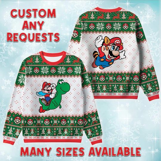 Mario Riding Running Yoshi Ugly Christmas Sweater, Dinosaur Pal Holiday Sweatshirt, Xmas Gift, Nintendo Fan Crewneck Gift