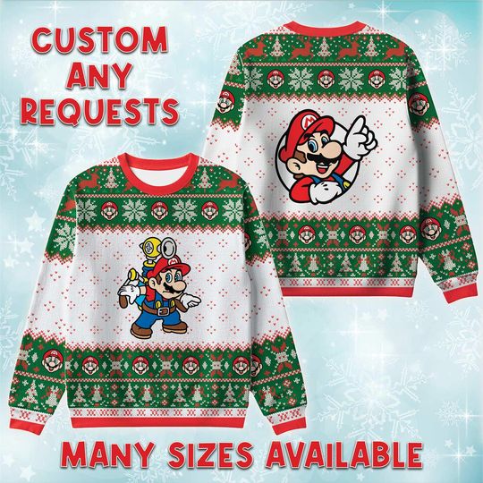 Discover Builder Mario Power Up Ugly Christmas Sweater, Super Bros Maker Holiday Sweatshirt, Construction Plumber Xmas Gift, Nintendo Fan Crewneck