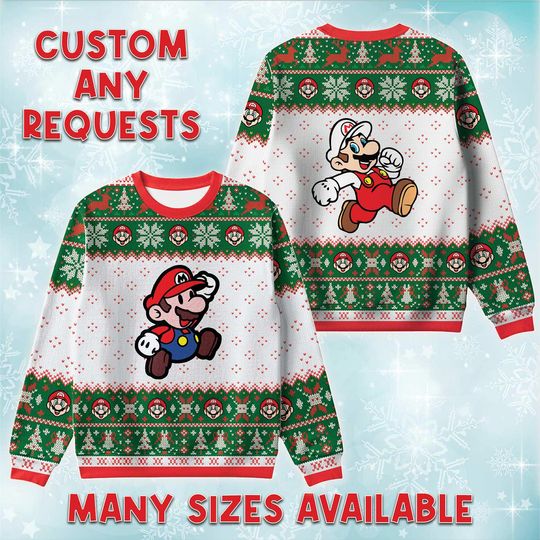 Mario Sprinting Action Ugly Christmas Sweater, Classic Video Game Holiday Sweatshirt, Xmas Gift, Nintendo Mario Holiday Crewneck