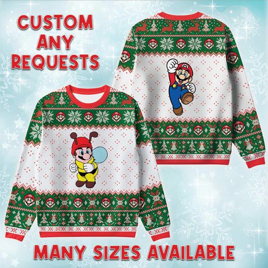 Mario Bee Power Up Christmas Sweater, Funny Ugly Xmas Sweatshirt, Super Plumber Holiday Gift, Nintendo Fan Gift, Game Crewneck