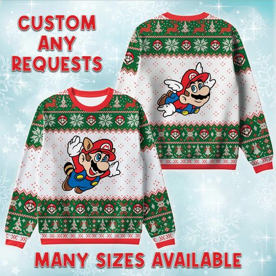 Discover Flying Mario Power Up Ugly Christmas Sweater, Super Bros Holiday Sweatshirt, Tanooki Cape Xmas Gift, Retro Nintendo Fan Crewneck Gift