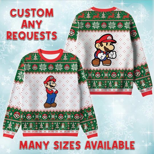 Discover Super Mario Classic Ugly Christmas Sweater, Nintendo Holiday Sweatshirt, Retro Game Plumber Xmas Gift, Gamer Fan Crewneck Gift