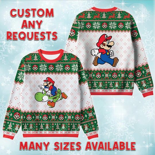 Mario Riding Yoshi Action Ugly Sweater, Dinosaur Pal Holiday Sweatshirt, Super Bros Xmas Gift, Nintendo Fan Crewneck, Video Game Gift