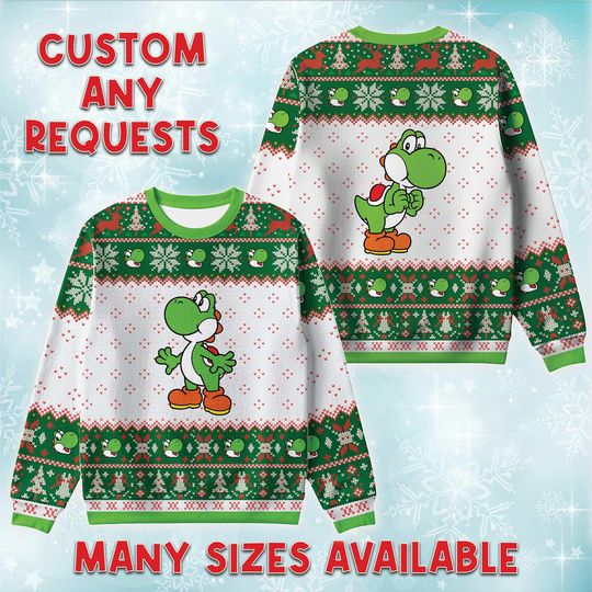 Green Yoshi Ugly Christmas Sweater, Video Game Holiday Sweatshirt, Super Bros Xmas Gift, Nintendo Lover Crewneck Gift