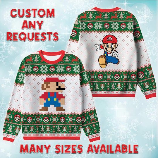 Discover Pixel Mario 8 Bit Ugly Christmas Sweater, Retro Game Holiday Sweatshirt, Classic Nintendo Xmas Gift, Matching Family Vacation Sweatshirt