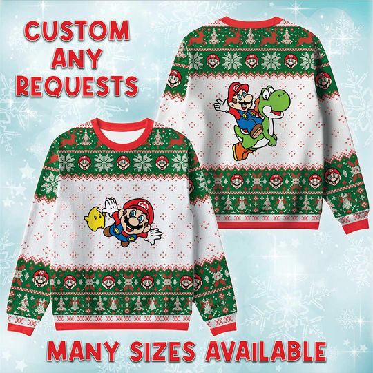 Discover Flying Mario And Yoshi Ugly Christmas Sweater, Dinosaur Sidekick Holiday Sweatshirt, Super Bros Xmas Gift, Retro Nintendo Fan Crewneck Gift