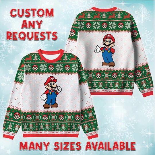 Discover Mario Says Hello Ugly Christmas Sweater, Super Bros Retro Holiday Sweatshirt, Video Game Plumber Xmas Gift, Funny Nintendo Xmas Crewneck