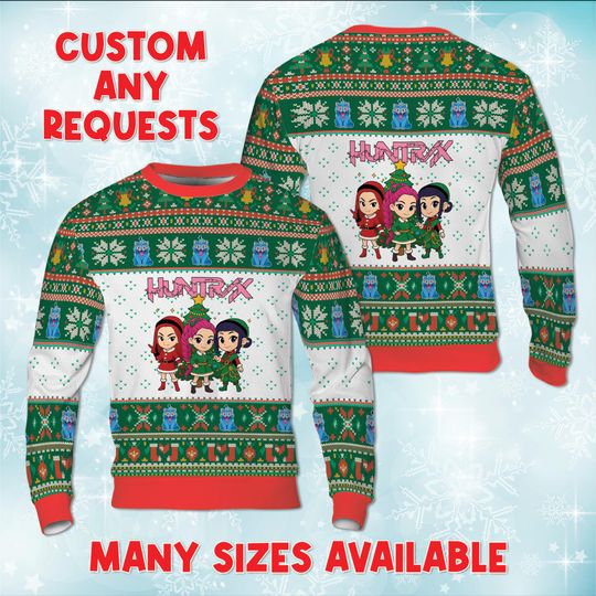 KPop Rumi Ugly Christmas Sweatshirt, Mira Zoey Demon Idol Chibi Sweater, Fictional Girl Group Gift, Christmas Kpop Costume Sweater