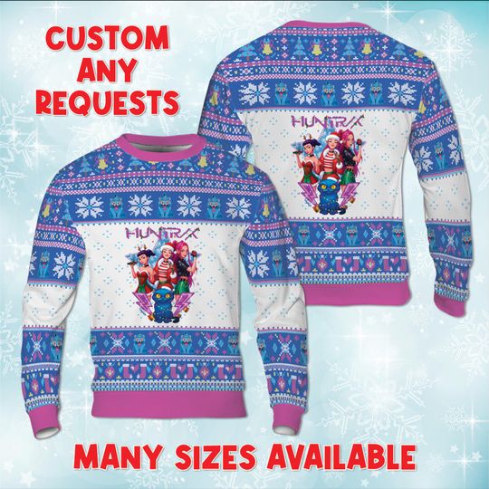 KPop Rumi Ugly Christmas Sweatshirt, Mira Zoey Santa Hat Sweater, Virtual Blue Derpy Tiger Christmas Sweater, Adult Youth Matching Outfit
