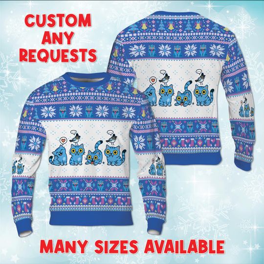 Discover KPop Derpy Cats Sussie Bird Christmas Sweater, KPop Idol Blue Cat Sweatshirt, Funny Ugly Christmas Sweater, Fictional Boy Group Xmas Gift
