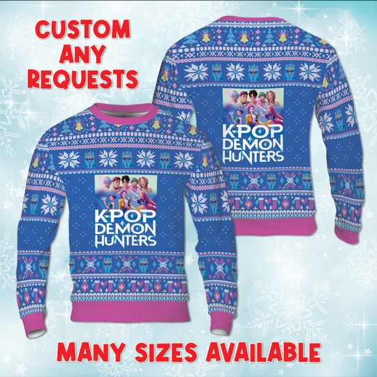 Discover KPop Demon Group Christmas Sweater, Fictional Boy Band Sweatshirt, Ugly Christmas Rumi Mira Zoey Crewneck, Virtual Idol Xmas Gift