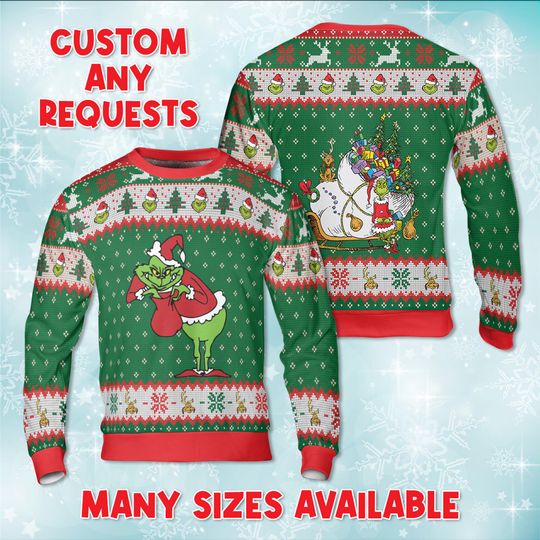 Green Character Christmas Ugly Sweater, Mean One Sled Sweatshirt, In Sack Ugly Jumper, Holiday Xmas Party Sweater Gift