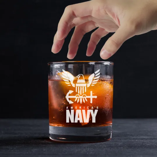 Engraved US Navy Rocks Glass