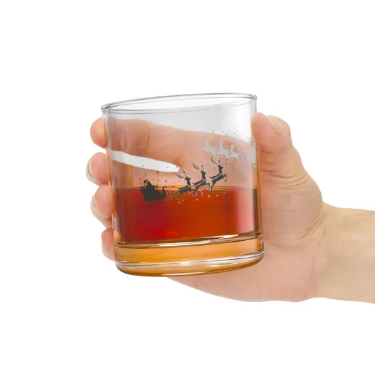 Discover Santa Sleigh with Reindeer Rocks Glass | 10oz Holiday Whiskey Glass