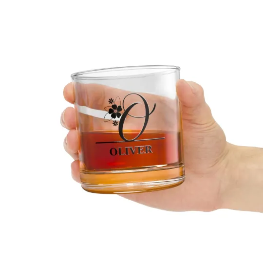Discover Monogram Floral Accent Whiskey Glass 10oz | Personalized Rocks Rocks Glass Gift
