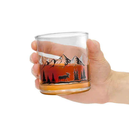 Discover Mountain Landscape Deer Forest Whiskey Rocks Glass | Etched Nature Barware Gift
