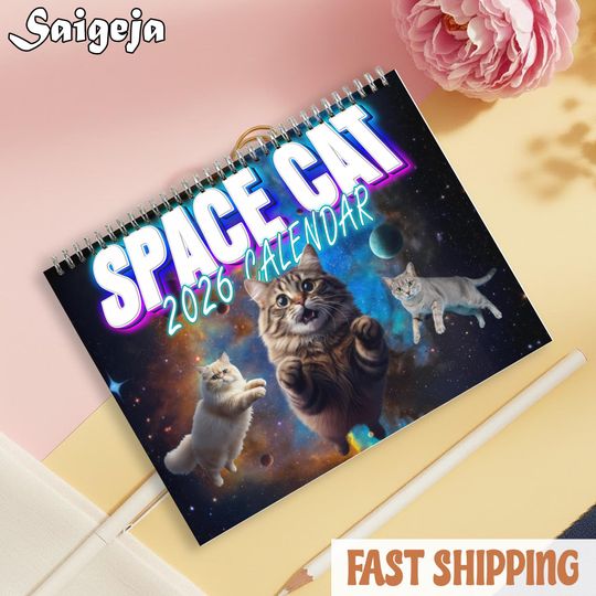Space Cat Calendar 2026, Funny Astronaut Kitten Wall Planner, Galaxy Cat Lover Gift, Cosmic Pet Art 12 Month Calendar