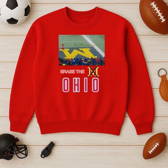 Discover Erase The M Ohio State Rivalry Sweatshirt, Funny Brutus vs Michigan Game Day Crewneck, OSU Fan Gift Red Unisex Football Sweatshirt