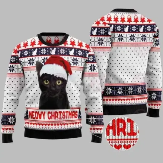 Discover Meowy Christmas Cat With Santa Hat Ugly Christmas Sweater