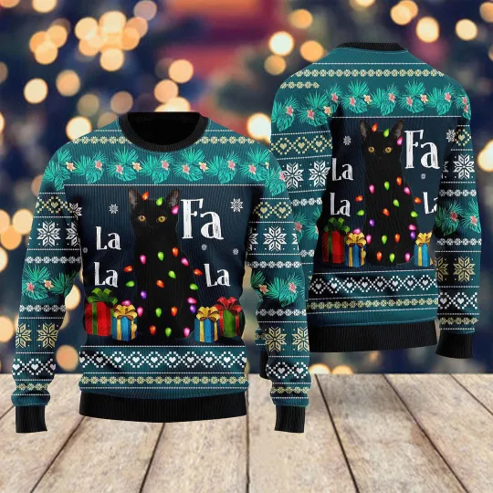 Black Cat Falalala Ugly Christmas Sweater