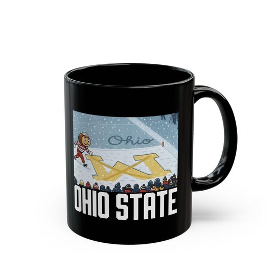 Discover Ohio State Brutus Snowy Stadium Mug | Crossed Out Michigan M | Script Ohio Snow Art | OSU vs Michigan Rivalry Coffee Cup Fan Gift